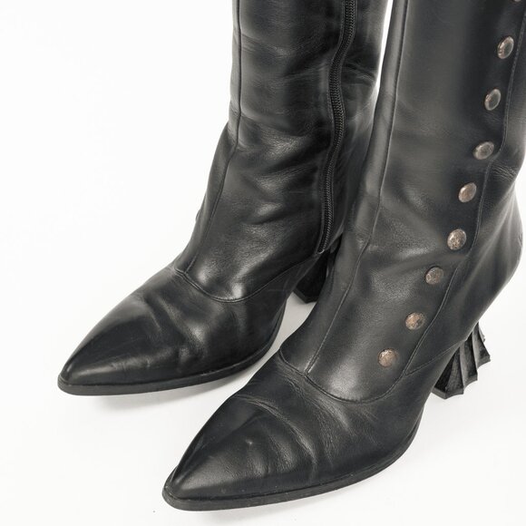 John Fluevog Lu Black Leather Tall Studded Boots - Picture 6 of 12